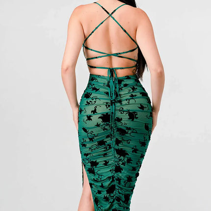 CLASSY MESH VELVET FLOCKING SIDE SLIT DRAWSTRING BACK BODYCON MIDI DRESS
