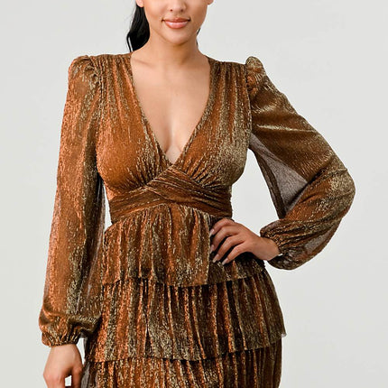 Lux Fantasy Glitter Mini Dress - Deep V-Neck & Tiered Ruffle Skirt