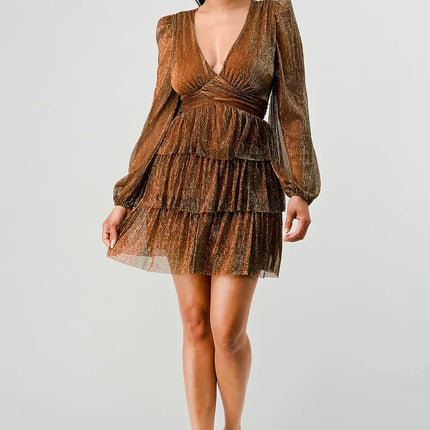 Lux Fantasy Glitter Mini Dress - Deep V-Neck & Tiered Ruffle Skirt