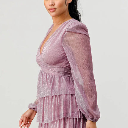 Lux Fantasy Glitter Mini Dress - Deep V-Neck & Tiered Ruffle Skirt