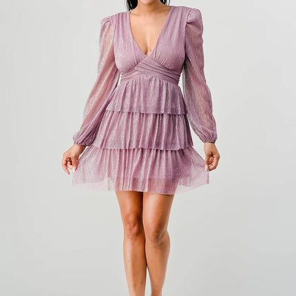 Lux Fantasy Glitter Mini Dress - Deep V-Neck & Tiered Ruffle Skirt