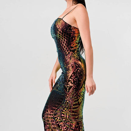 ENCHANTING PATTERN SEQUINS EMBELLISHED BACK SLIT MIDI DRESS