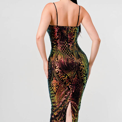 ENCHANTING PATTERN SEQUINS EMBELLISHED BACK SLIT MIDI DRESS