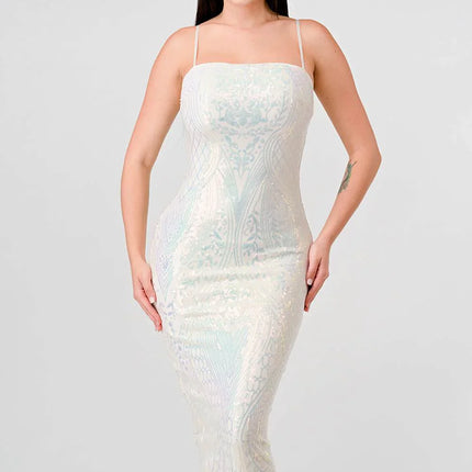 ENCHANTING PATTERN SEQUINS EMBELLISHED BACK SLIT MIDI DRESS