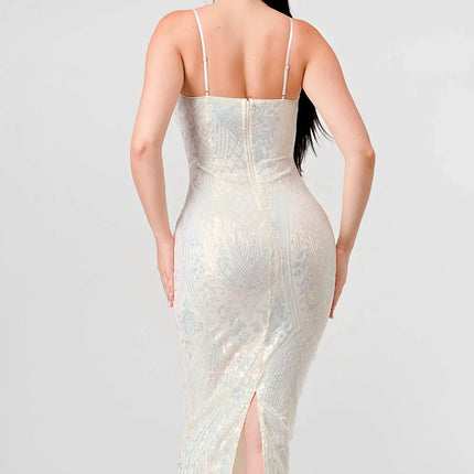 ENCHANTING PATTERN SEQUINS EMBELLISHED BACK SLIT MIDI DRESS
