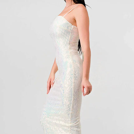 ENCHANTING PATTERN SEQUINS EMBELLISHED BACK SLIT MIDI DRESS