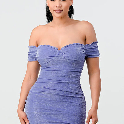 LUX SHINY METALIC GLITTER RUFFLED OFF SHOULDER BODYCON MINI DRESS