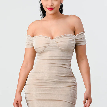 LUX SHINY METALIC GLITTER RUFFLED OFF SHOULDER BODYCON MINI DRESS
