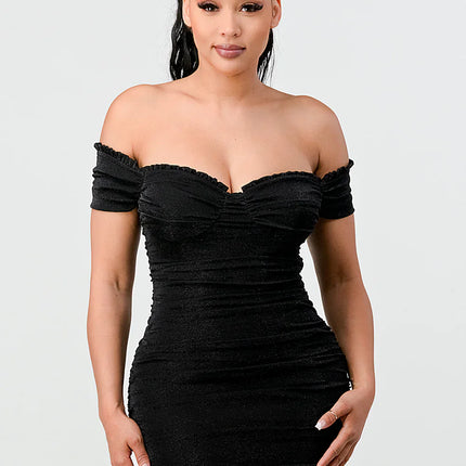 LUX SHINY METALIC GLITTER RUFFLED OFF SHOULDER BODYCON MINI DRESS