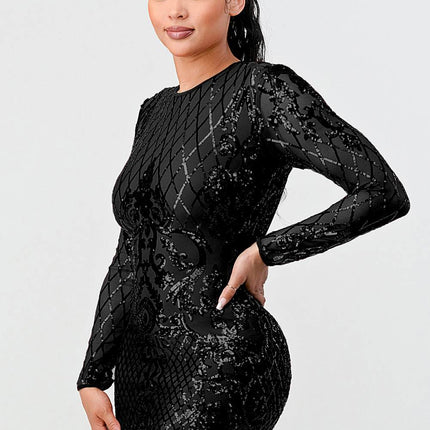 LUX GEO FLORAL SEQUINS BODYCON MINI DRESS