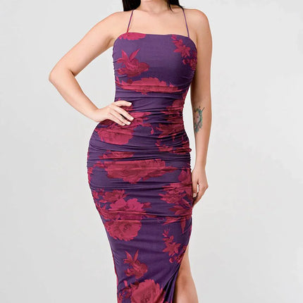 FLORAL PRINT MESH SIDE SLIT DRAWSTRING BACK SLITTED BODYCON MIDI DRESS