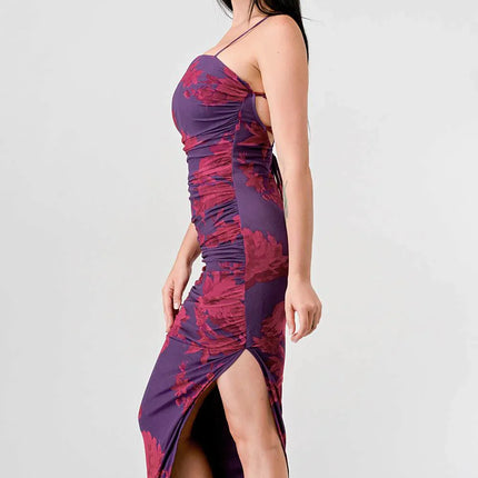 FLORAL PRINT MESH SIDE SLIT DRAWSTRING BACK SLITTED BODYCON MIDI DRESS