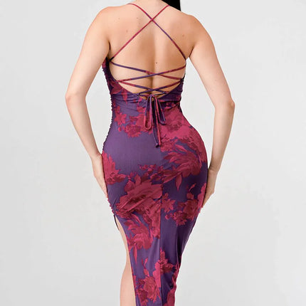 FLORAL PRINT MESH SIDE SLIT DRAWSTRING BACK SLITTED BODYCON MIDI DRESS
