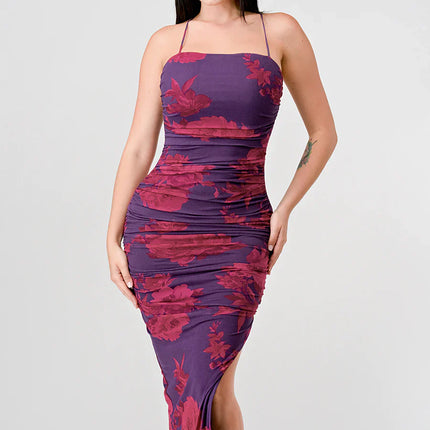 FLORAL PRINT MESH SIDE SLIT DRAWSTRING BACK SLITTED BODYCON MIDI DRESS
