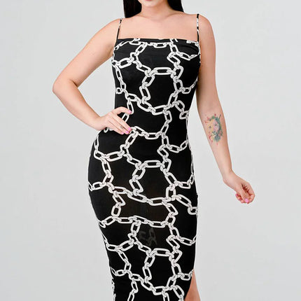 CHIC ALL OVER CHAIN PRINTED SIDE SLIT MIDI DRESS