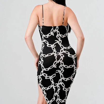 CHIC ALL OVER CHAIN PRINTED SIDE SLIT MIDI DRESS