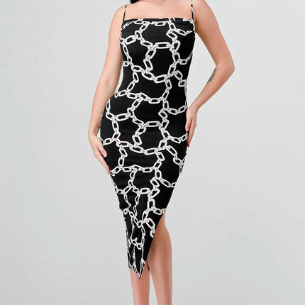 CHIC ALL OVER CHAIN PRINTED SIDE SLIT MIDI DRESS