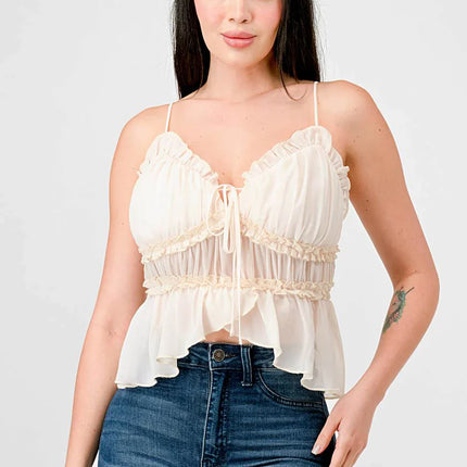 CHEALSEA CHIFFON SWEETHEART SMOCKED BACK RUCHED RUFFLED SHEER CAMI TOP