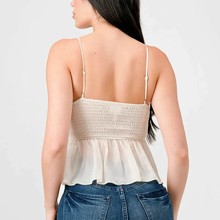 CHEALSEA CHIFFON SWEETHEART SMOCKED BACK RUCHED RUFFLED SHEER CAMI TOP