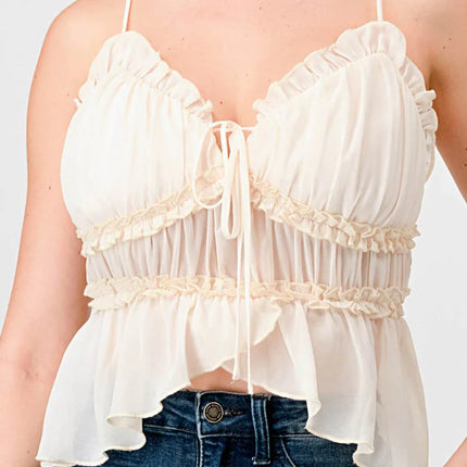 CHEALSEA CHIFFON SWEETHEART SMOCKED BACK RUCHED RUFFLED SHEER CAMI TOP