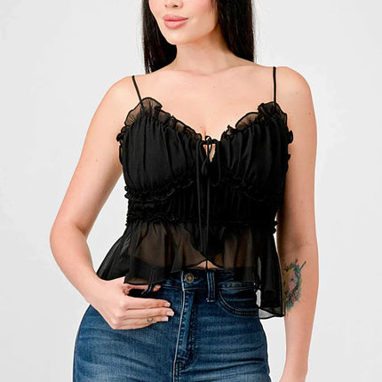 CHEALSEA CHIFFON SWEETHEART SMOCKED BACK RUCHED RUFFLED SHEER CAMI TOP