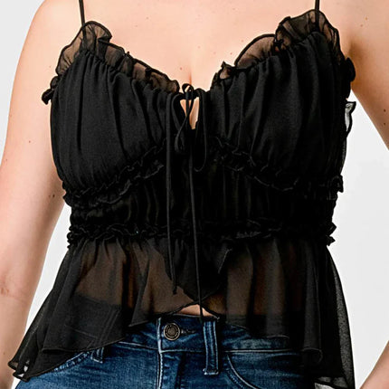 CHEALSEA CHIFFON SWEETHEART SMOCKED BACK RUCHED RUFFLED SHEER CAMI TOP