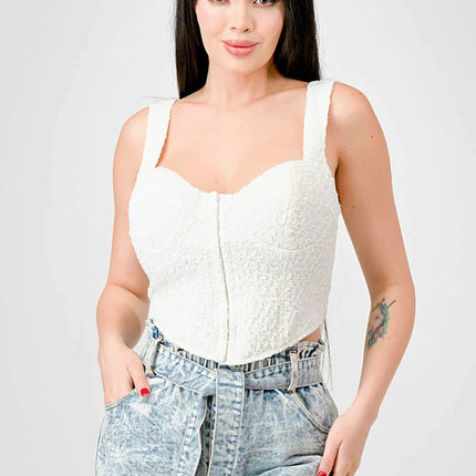 CRINKLE STRETCH KNIT SWEETHEART HOOKED BUSTIER CROPPED TOP