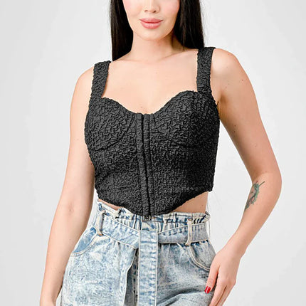 CRINKLE STRETCH KNIT SWEETHEART HOOKED BUSTIER CROPPED TOP