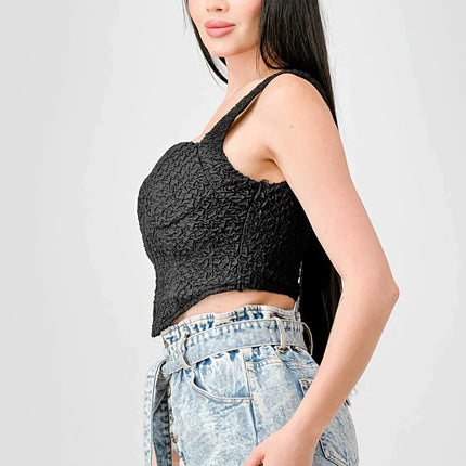 CRINKLE STRETCH KNIT SWEETHEART HOOKED BUSTIER CROPPED TOP