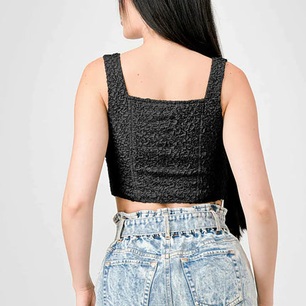 CRINKLE STRETCH KNIT SWEETHEART HOOKED BUSTIER CROPPED TOP