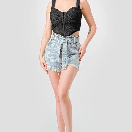 CRINKLE STRETCH KNIT SWEETHEART HOOKED BUSTIER CROPPED TOP