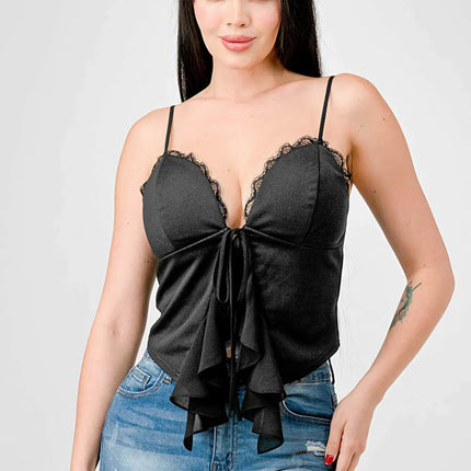 LACE TRIM SWEETHEART DRAWSTRING BOW TIE RUFFLED DRAPED CAMI TOP