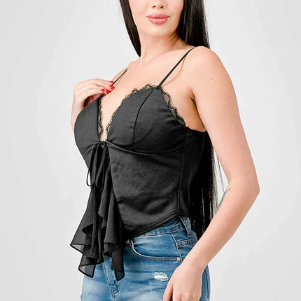 LACE TRIM SWEETHEART DRAWSTRING BOW TIE RUFFLED DRAPED CAMI TOP