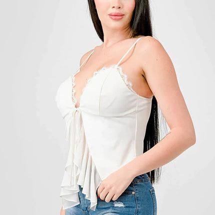 LACE TRIM SWEETHEART DRAWSTRING BOW TIE RUFFLED DRAPED CAMI TOP