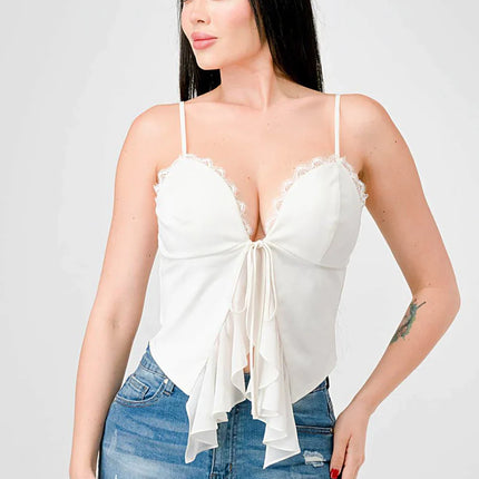 LACE TRIM SWEETHEART DRAWSTRING BOW TIE RUFFLED DRAPED CAMI TOP