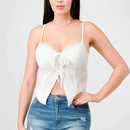 LUXE LACE TRIM SWEETHEART DRAWSTRING BOW ZIPPER CLOSURE BACK CAMI TOP
