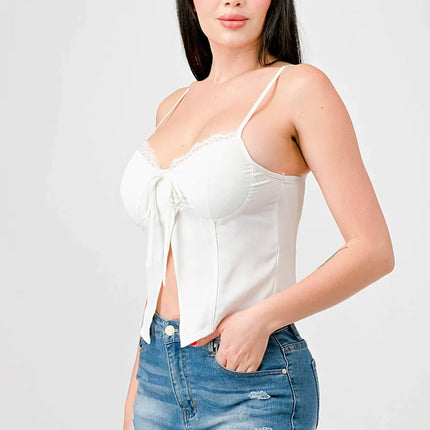 LUXE LACE TRIM SWEETHEART DRAWSTRING BOW ZIPPER CLOSURE BACK CAMI TOP
