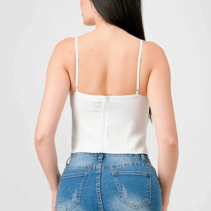 LUXE LACE TRIM SWEETHEART DRAWSTRING BOW ZIPPER CLOSURE BACK CAMI TOP