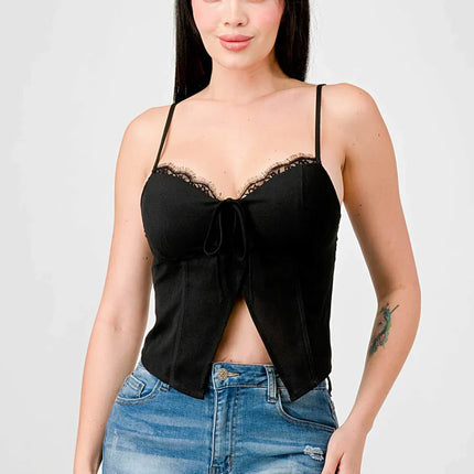 LUXE LACE TRIM SWEETHEART DRAWSTRING BOW ZIPPER CLOSURE BACK CAMI TOP
