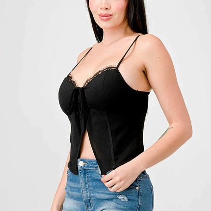 LUXE LACE TRIM SWEETHEART DRAWSTRING BOW ZIPPER CLOSURE BACK CAMI TOP
