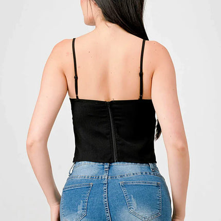 LUXE LACE TRIM SWEETHEART DRAWSTRING BOW ZIPPER CLOSURE BACK CAMI TOP