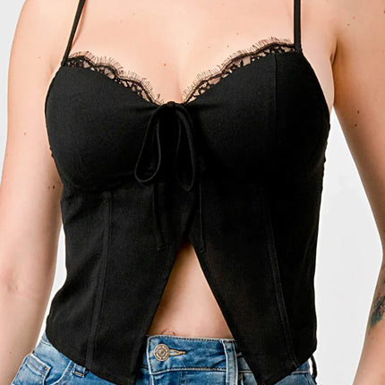 LUXE LACE TRIM SWEETHEART DRAWSTRING BOW ZIPPER CLOSURE BACK CAMI TOP