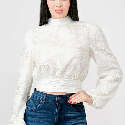 LUXE SEQUINS TEXTURE SATIN OPEN BACK TIE CROPPED TOP