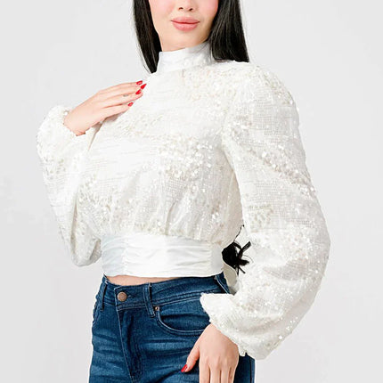 LUXE SEQUINS TEXTURE SATIN OPEN BACK TIE CROPPED TOP