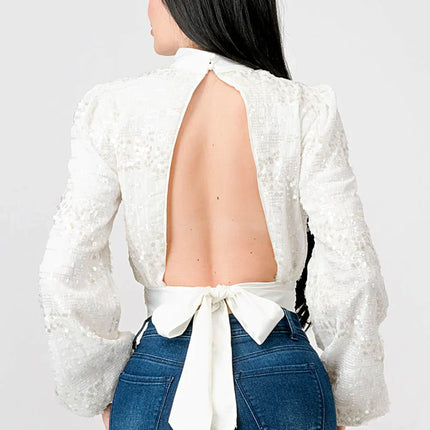 LUXE SEQUINS TEXTURE SATIN OPEN BACK TIE CROPPED TOP