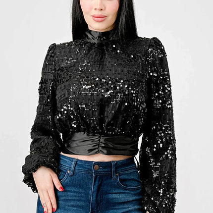 LUXE SEQUINS TEXTURE SATIN OPEN BACK TIE CROPPED TOP