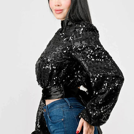 LUXE SEQUINS TEXTURE SATIN OPEN BACK TIE CROPPED TOP