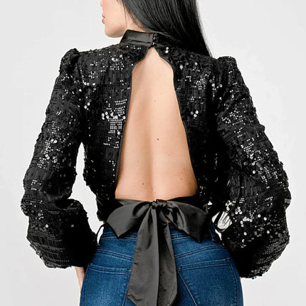 LUXE SEQUINS TEXTURE SATIN OPEN BACK TIE CROPPED TOP