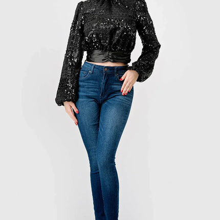 LUXE SEQUINS TEXTURE SATIN OPEN BACK TIE CROPPED TOP