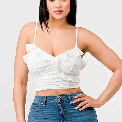 MESH CONTRAST RUCHED SWEETHEART WITH CHIFFON CAMISOLE RUFFLED CROPPED TOP